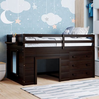 Lit mezzanine simple avec armoire et tablette 