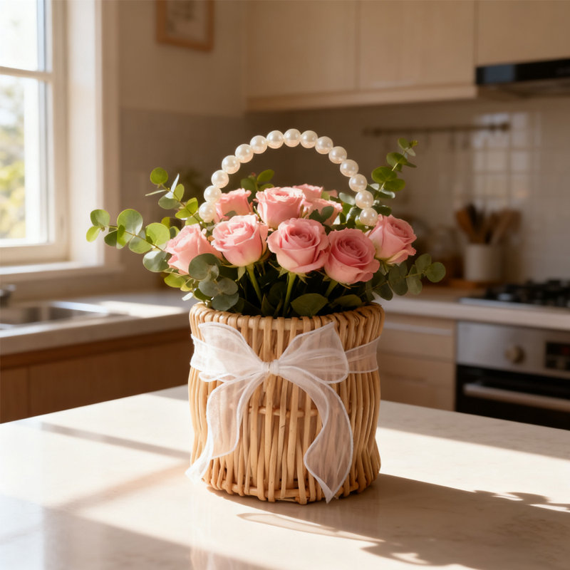 Panier de mariage en rotin tissé à la main avec perle et ruban 1pc - Panier de rangement décoratif rond Boho pour demoiselle d'honneur