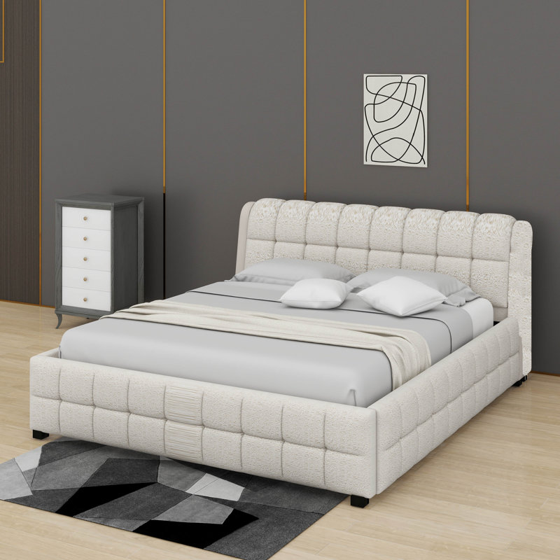 Lit plateforme tapissier avec tête et pied de lit épais, structure de lit tapissier avec motif, Blanc, Très grand lit