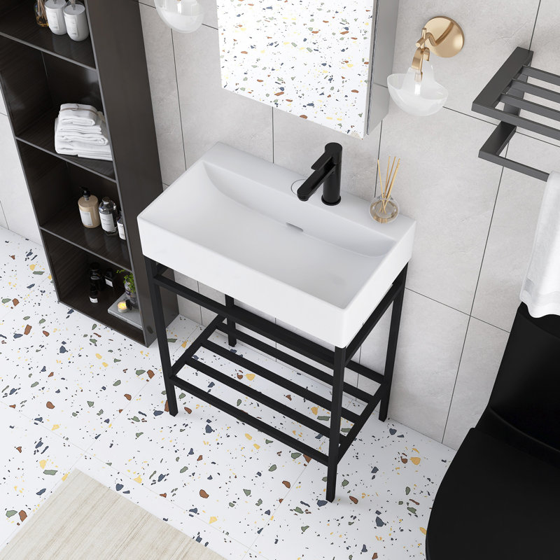 24" Bathroom Vanity With Ceramic Basin, Black, White