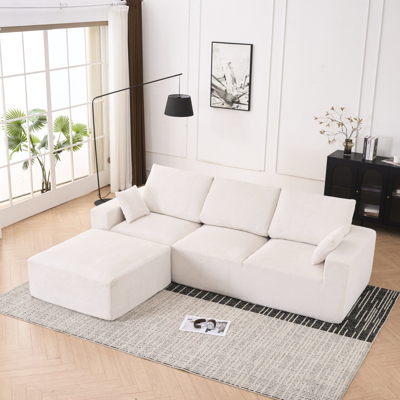 Canapé modulaire en forme de U de 113 po, 4 places, canapé-lit à 4 places, rembourré à compression, sans assemblage, mousse complète pour un espace de vie confortable en velours côtelé beige et blanc