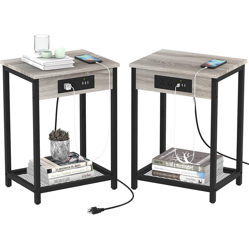 Fika End Table Set and Built-In Outlets, Gray/Black