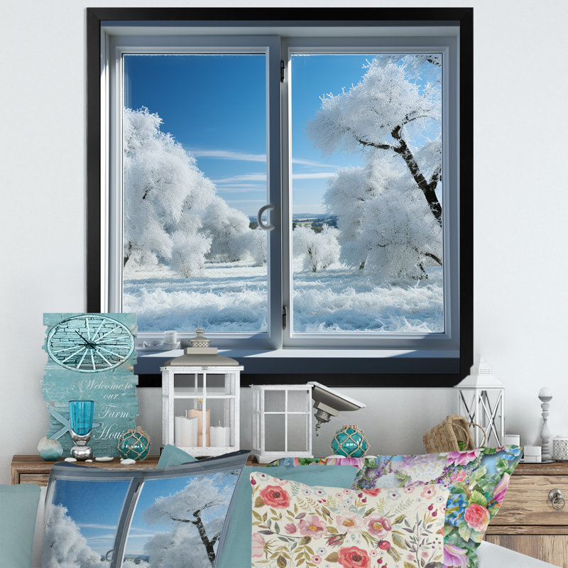«Forest Winter Window View III - Winter Landscape», art mural, Cadre simple noir, H 30 po x l 30 po x P 1,5 po