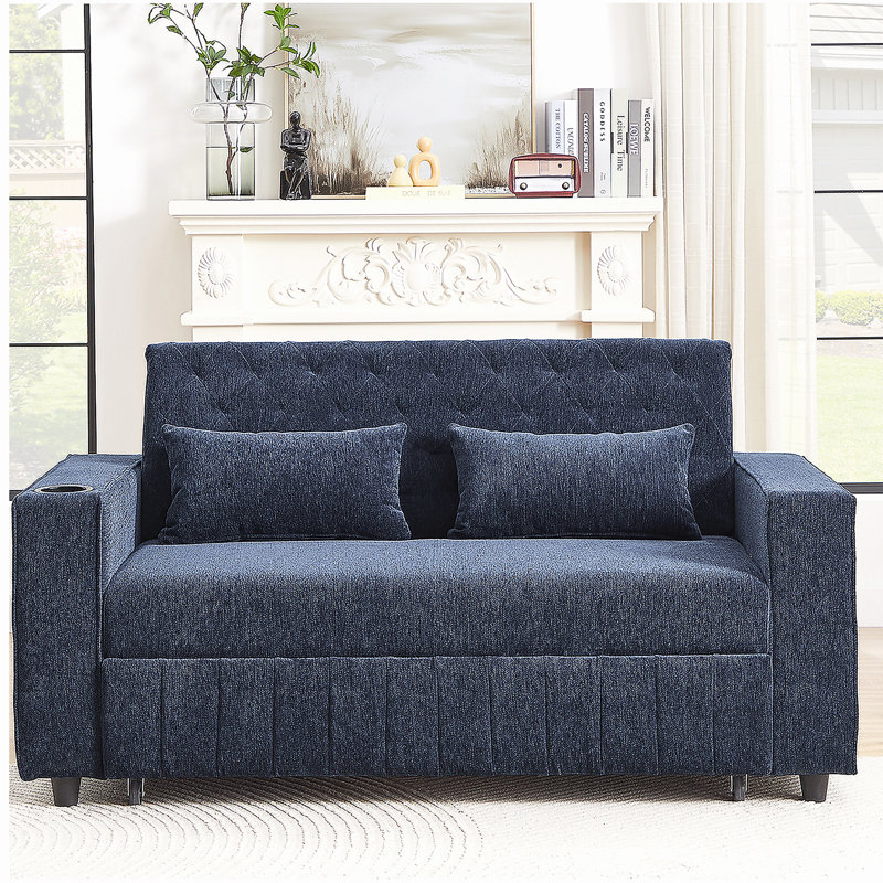61.4-inch Extendable Sofa Bed Convertible Sofa, Modern Adjustable Back Sofa, Blue