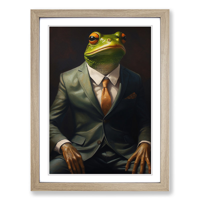 Frog In A Suit Painting No.2 - Single Picture Frame Print on Wood, Oak Framed, 46cm H x 34cm W