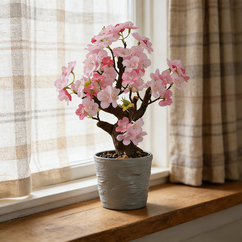 17" Artificial Pink Cherry Blossom Tree With Lifelike Flowers, Faux Bonsai Tree In Decorative Pot