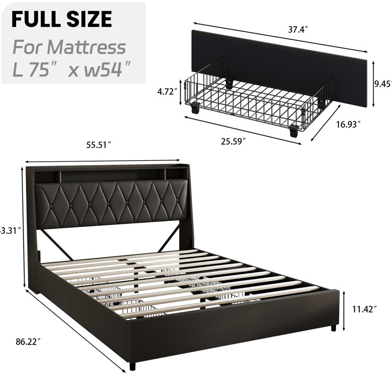Structure de lit plateforme double avec tête de lit ergonomique, prises intégrées et bruit de rangement, éclairage à DEL sans sommier requis, tablette longue durée, sommeil silencieux,