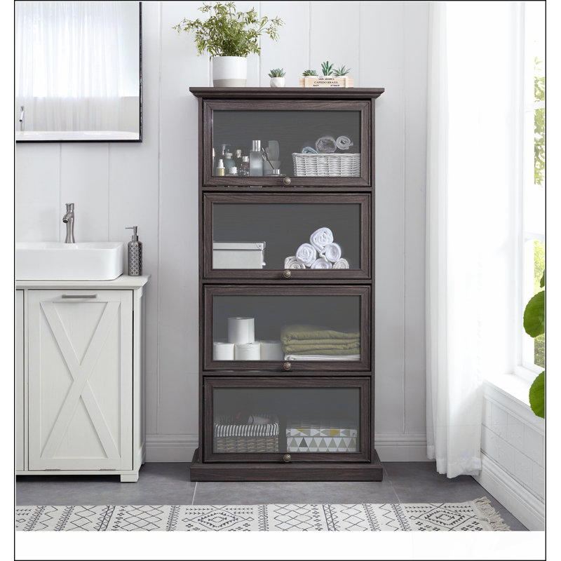 Vitrine à 4 niveaux en verre avec portes rabattables pour objets de collection et rangement décoratif, Brun
