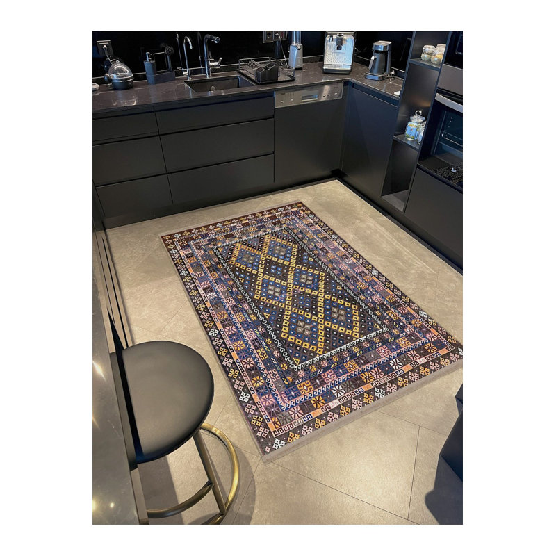 Tapis décoratif multicolore lavable à motifs rétro, Sous-tapis rectangulaire de 3 pi 3 po x 4 pi 11 po