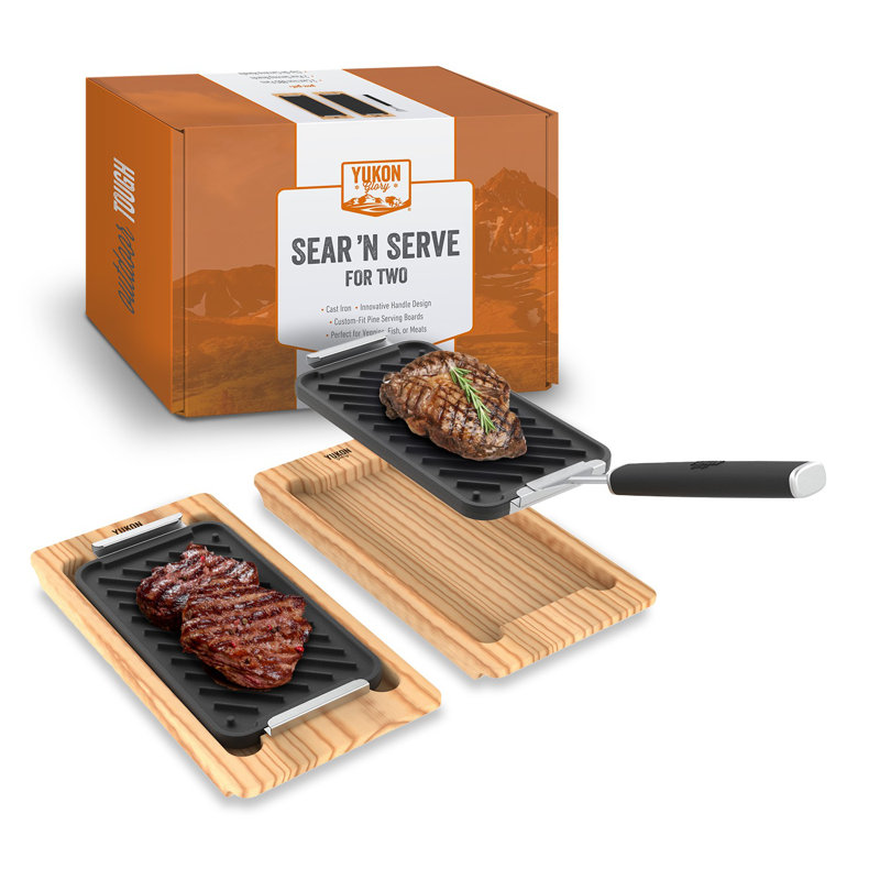Ensemble de 2 casseroles en fonte Yukon Glory avec plateaux en bois et poignée à pince, pré-assaisonné