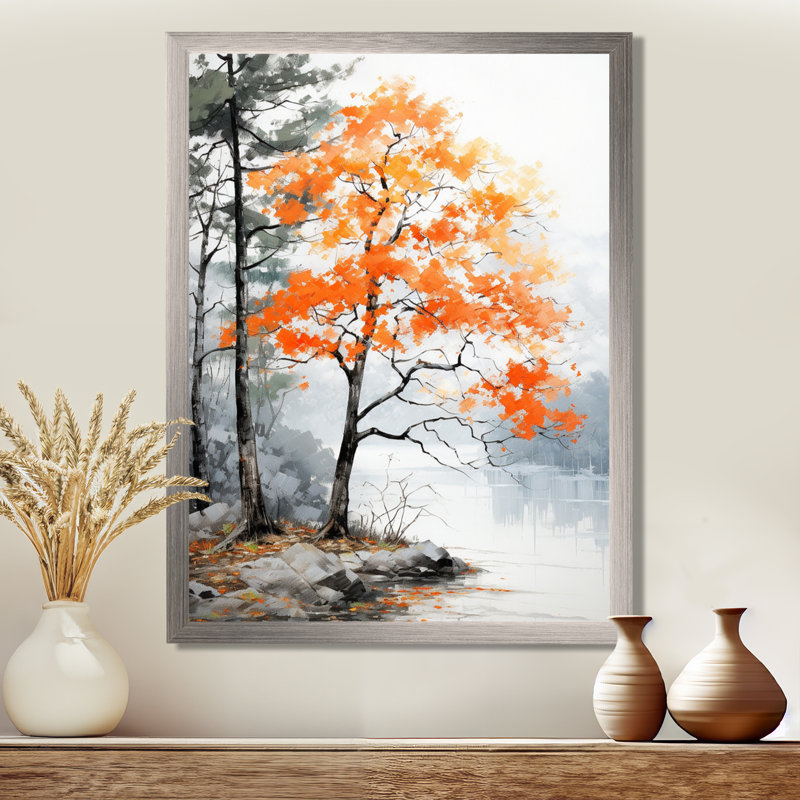 Orange et gris, forêt, automne, élégance I - art mural forêt, H 20 po x l 12 po x P 1 po, Cadre simple argenté