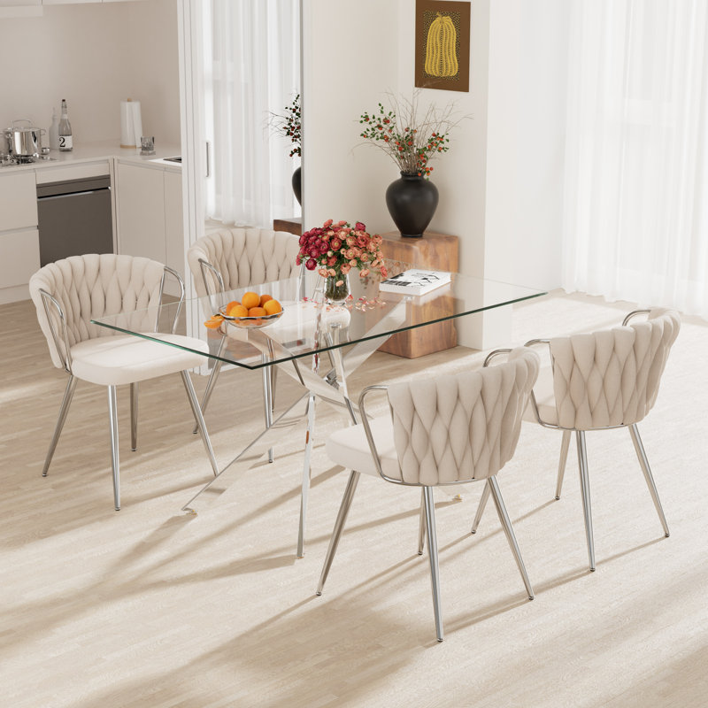 Ensemble de table de salle à manger Elegant, Beige, 5 pièces: table, 4 chaises, Argent argent