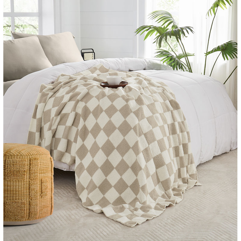 Truly Soft Cozy Checkerboard Reversible Throw, Off White/Beige