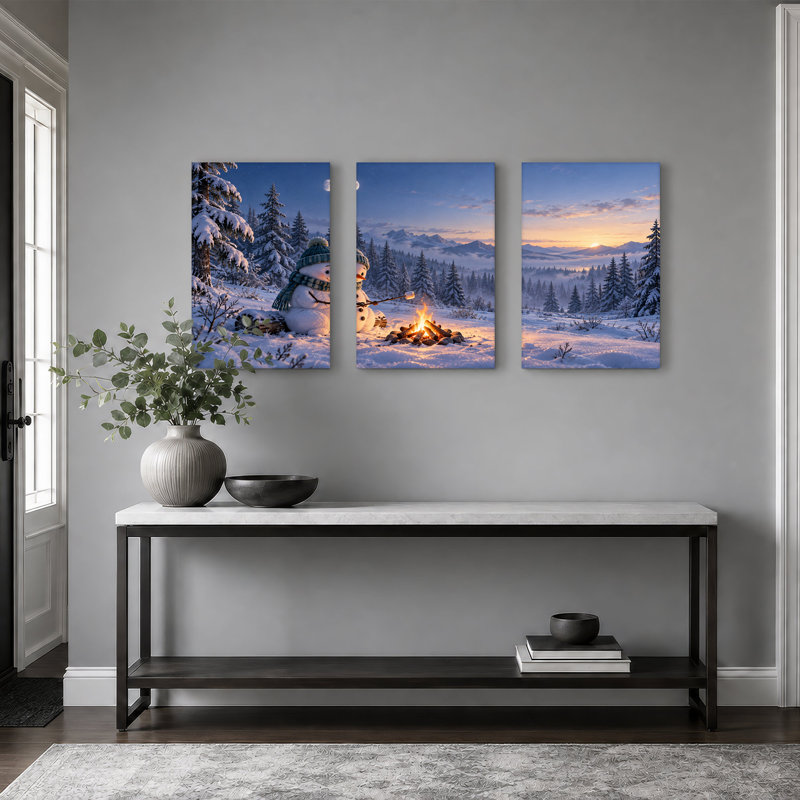 " Snowman Roasting Marshmallow by Campfire Christmas " 3 Piece Art, 60"W x 30"H Overall - 3 Panels