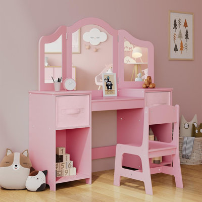 Bureau et chaise de maquillage Melisa 2-en-1 avec miroir amovible pliable en trois, tablettes de rangement Qpen faisant semblant de jouer, cadeau idéal pour les petites filles