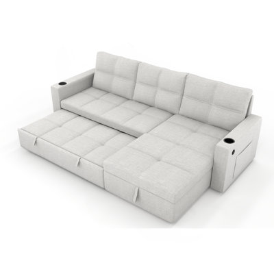 Canapé-lit convertible en tissu, canapé-lit modulaire escamotable avec charge USB et porte-gobelets, canapé-lit en forme de L avec rangement pour le salon (beige)