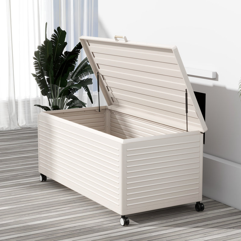 Latte Metal Deck Box with Wheels and Dark Wood Grain Handle