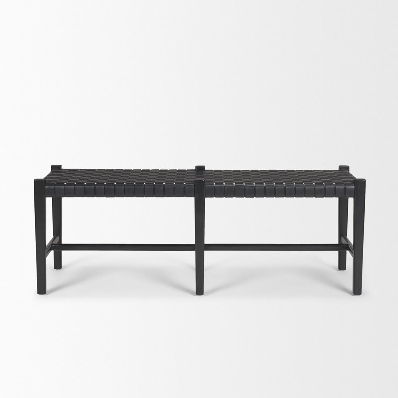 Ursulina Solid Wood Woven Leather Bench, Black