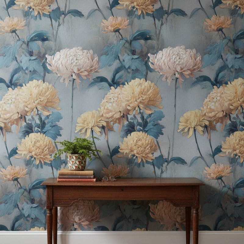 Papier peint floral avec double rouleau amovible beige