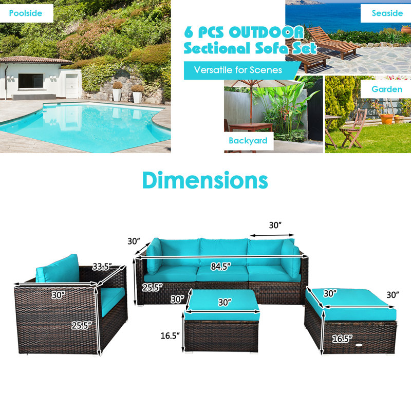 Ensemble de conversation modulaire en rotin 7 pièces avec coussins Patiojoy, Turquoise
