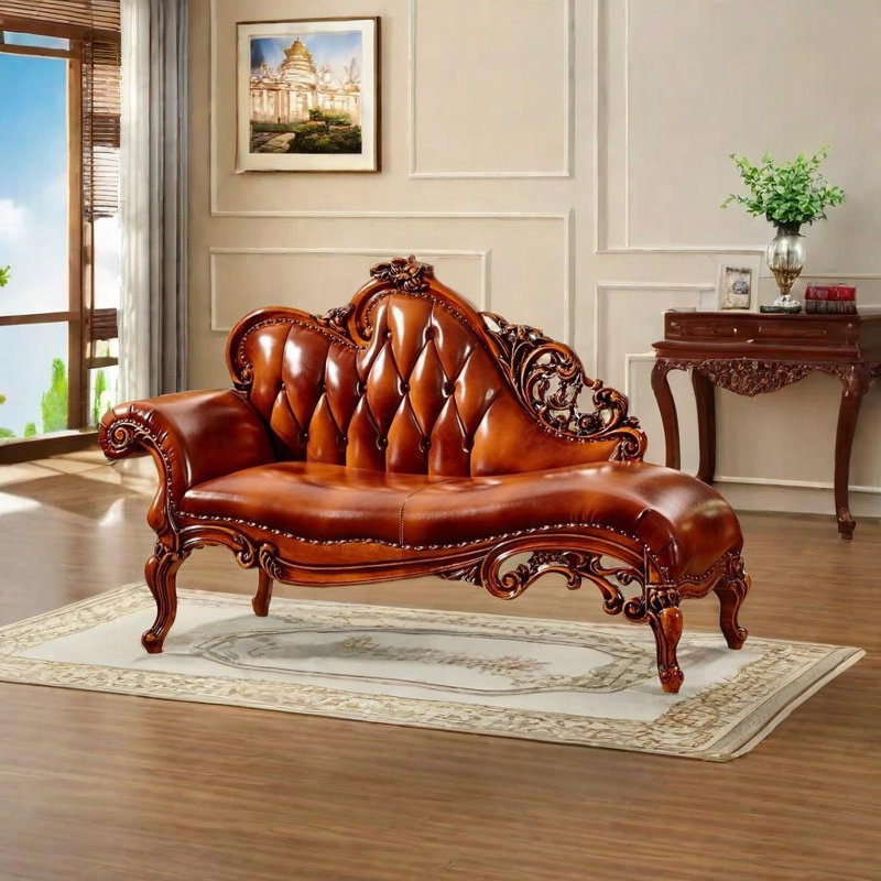 Chaise longue durable, Orienté à droite, Brun, Cuir brun rougeâtre assorti