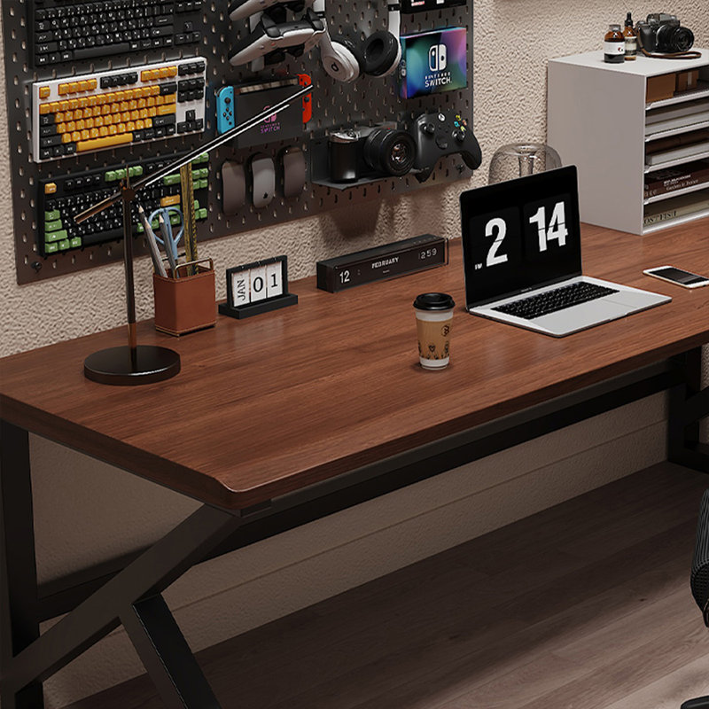 Nut-brown+Black Rectangular Solid Wood+Iron desk, 29.53" H x 62.99" W x 27.56" D