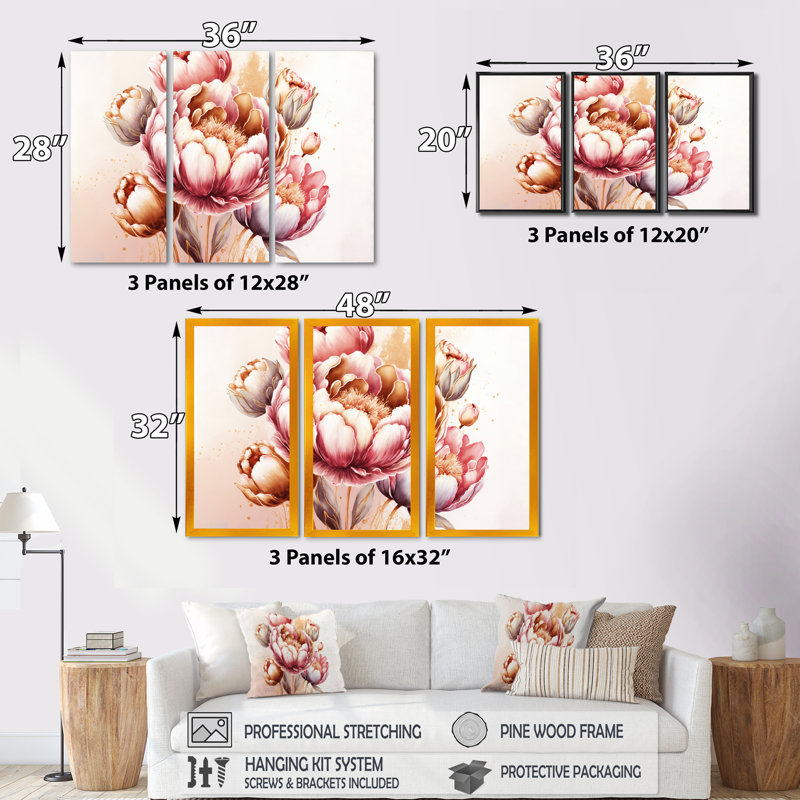 «Pink and Gold Tulips», reproduction sur toile 3 pièces, Cadre noir, H 28 po x l 36 po x P 1 po