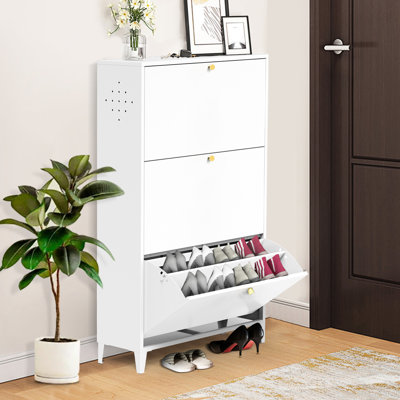 Armoire à chaussures 3 tiroirs tout acier, range-chaussures autoportant avec porte rabattable, armoire à chaussures moderne basculante pour vestibule, couloir, chambre à coucher, blanc (nécessite un assemblage)