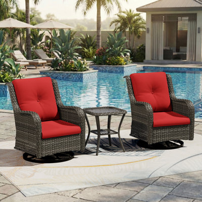 2-Person Outdoor Patio Conversation Rattan Seating Group With 1 Coffee Table,2 Swivel Chairs and Red Cushions