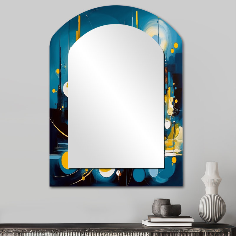 Bleu et jaune pierre fluide II - miroir mural arche de marbre, miroir décoratif asymétrique bleu, impression d'art en métal