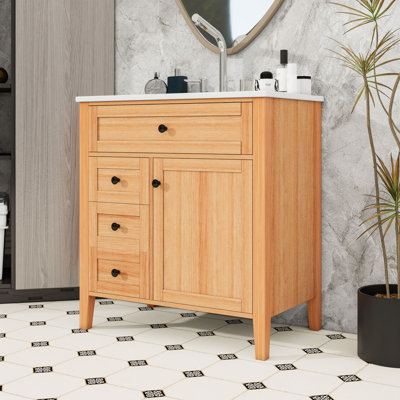 Meuble-lavabo en bois avec lavabo en céramique, tiroirs, tablette réglable et porte