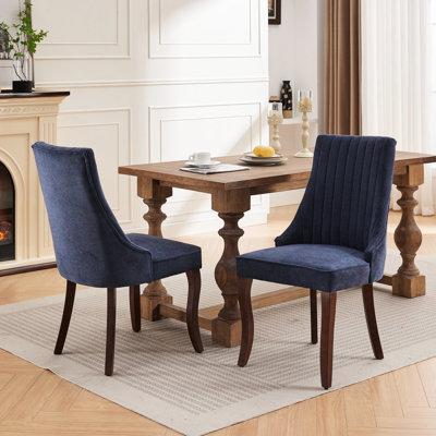 High - Quality Linen Upholstered Dining Chairs In Blue, Of 2, American Traditional Style, Rayon Cloth , Curved Solid Rubberwood Legs, And Triple Elastic Cushion For Comfortable