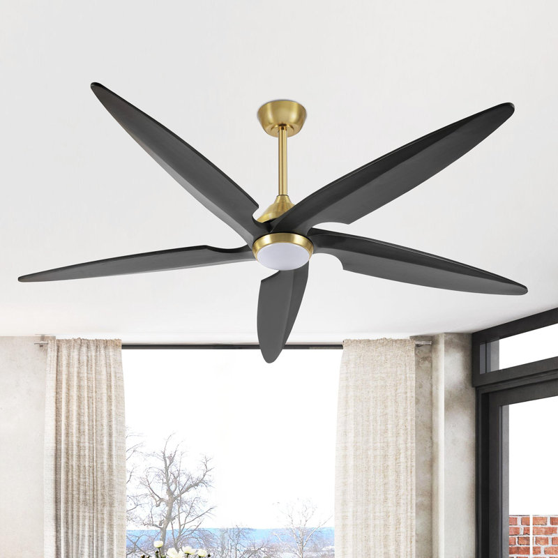 Chanille 5-Blade Solid Wood Ceiling Fan with LED Light and Remote Control, 64", Gold, Black