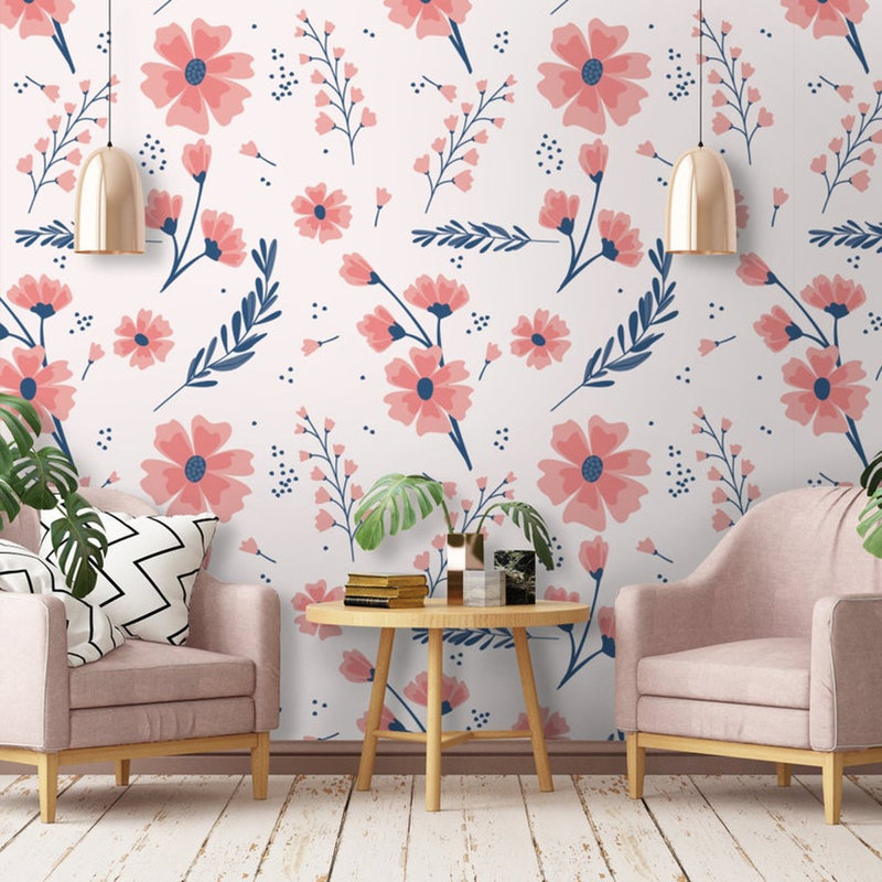 Papier peint amovible fleurs roses avec brindilles et fleurs, L 9 po x l 15 po
