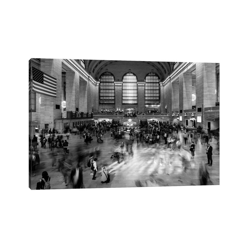 New York, New York, USA - Passengers Walking In Great Hall Of Grand Central Station In Black And White - Wrapped Canvas Print