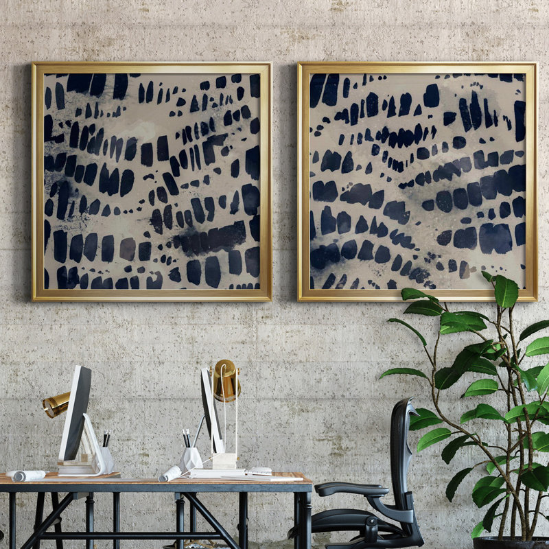 Indigo Markings I - Ensemble de 2 reproductions d'art encadrées, Toile encadrée, H 34,5 po x l 69 po, Doré