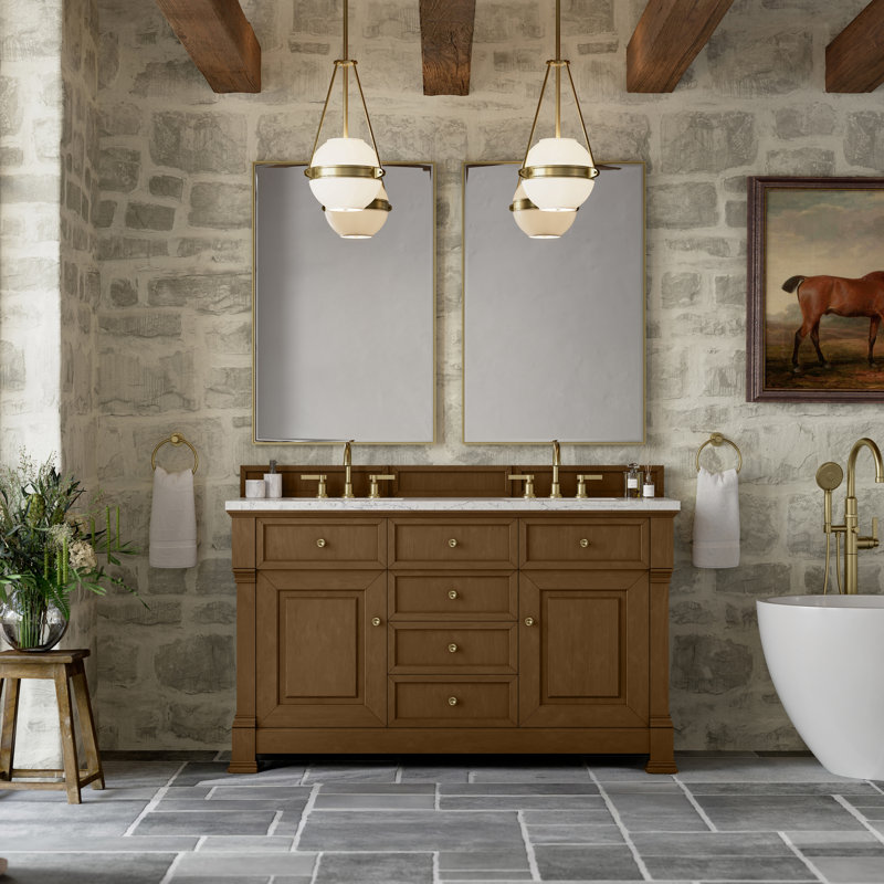 Brookfield 60'' W Double Vanity, Eternal Jasmine Pearl, Honey Oak