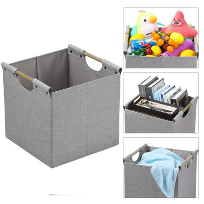 Bacs de rangement pliables, cubes de rangement en lin 13 x 13 x 13 po, paquet de 3, paniers de rangement avec poignées de transport en bois et carton robuste robuste, gris clair