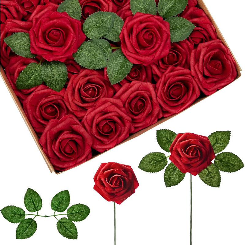 Fleurs artificielles, 50 pièces de roses artificielles en mousse rouge foncé en vrac avec des tiges pour la décoration 