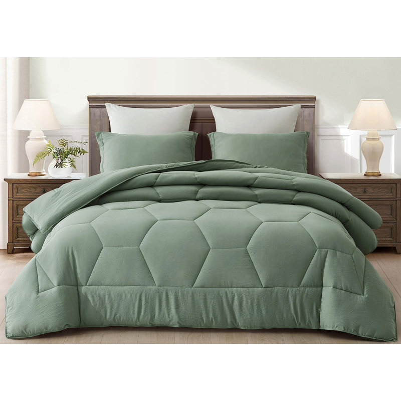 Washed Microfiber Bedding Honeycomb Comforter Set, Sage Green, Full/Double Comforter + 2 Standard Shams