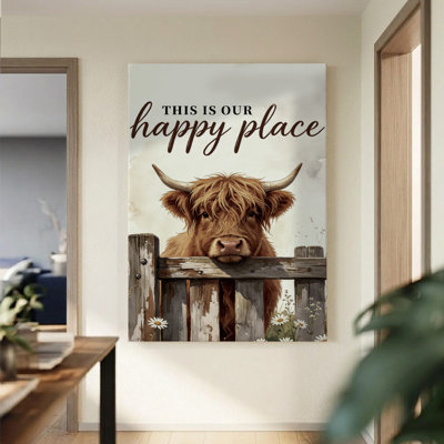 Highland Cow at the Fence Watercolor Canvas Wall Art, 24" x 36" Gallery Wrapped Canvas Print, Brown & White Friendly Farm Wall Decor for Kitchen, Living Room & Entryway