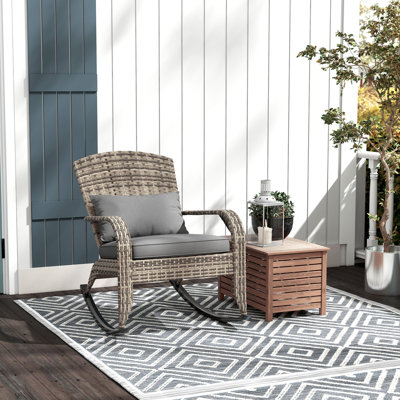Outdoor Wicker Adirondack Rocking Chair With High Back, Seat Cushion, And Pillow For Patio, Garden, And Balcony