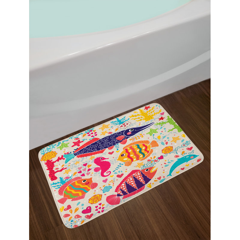 Multicolor Sea Animals Plush Bath Mat with Anti-Slip Backing