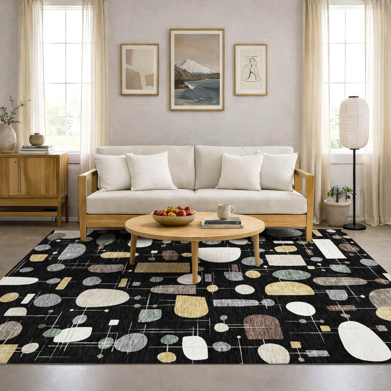 Premium Machine Washable Mayfield AMF2393 Geometric Rug, 5' x 7'6", Black