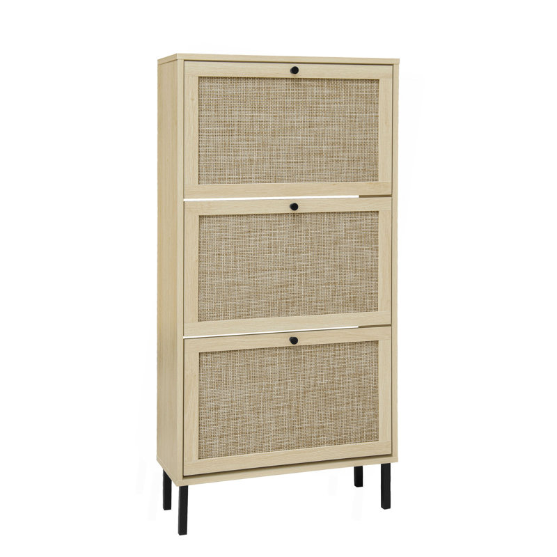 Rattan 3 Door Shoe Rack, Freestanding Modern Shoe Storage Cabinet, For Entryway