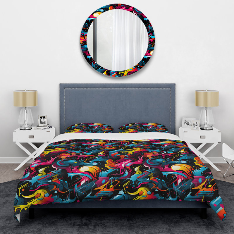 Popart Neon Graffiti Fusion IV - Ensemble de housse de couette géométrique, Housse de couette pour grand lit et 2 taies décor
