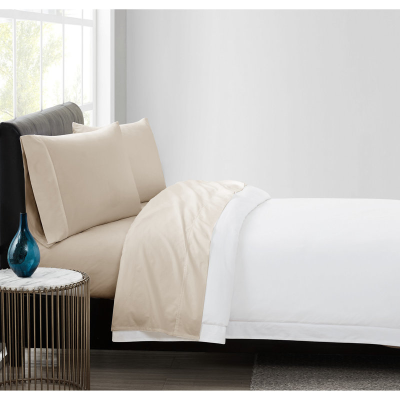 Vince Camuto 400TC Percale Cotton Sheet Set, Twin Sheet Set + Fitted Sheet + 1 Pillowcase, Khaki