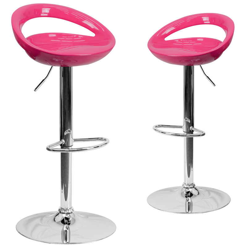 Contemporary Plastic Adjustable Height Barstool with Rounded Cutout Back and Chrome Base, Pink
