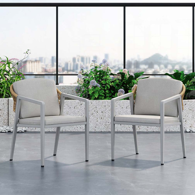 Outdoor Dining Chair Set of 2, Wicker Rattan Woven Patio Chairs, Gray Cushion/Natural/Gray Frame