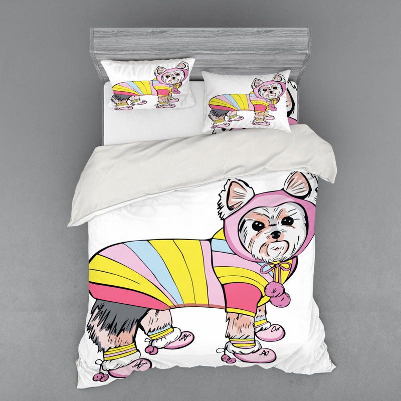 Ensemble de housse de couette en microfibre jaune / rose / gris, Housse de couette grand + 3 pièces supplémentair